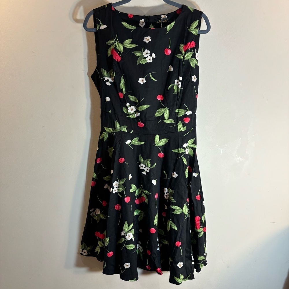 IHOT Sz L Floral Cherries 100% Cotton Flare Dress Zipper Closure NEW WITH TAG